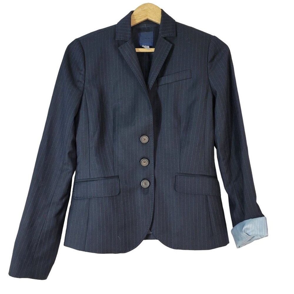 J. Crew Pinstripe Blazer Blue Size 4 Tall Notch 3-Button Single Super 120s Wool